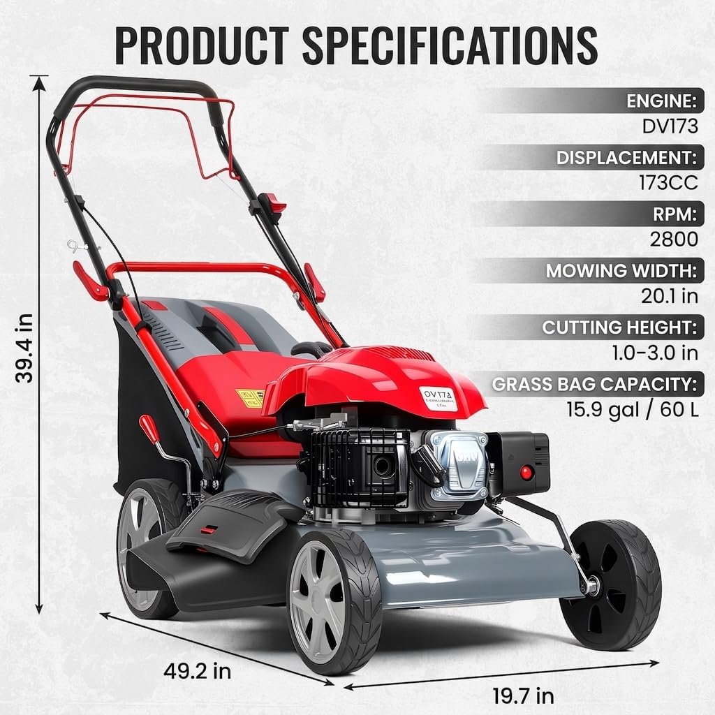 173cc 20' Gas Lawn Mower, Self-Propelled Lawn Mowers with 18' Cutting Width, Adjustable Cutting Height 25-75mm & 60L Grass Catcher, Push Mower for Large Yards and Uneven Ground Red