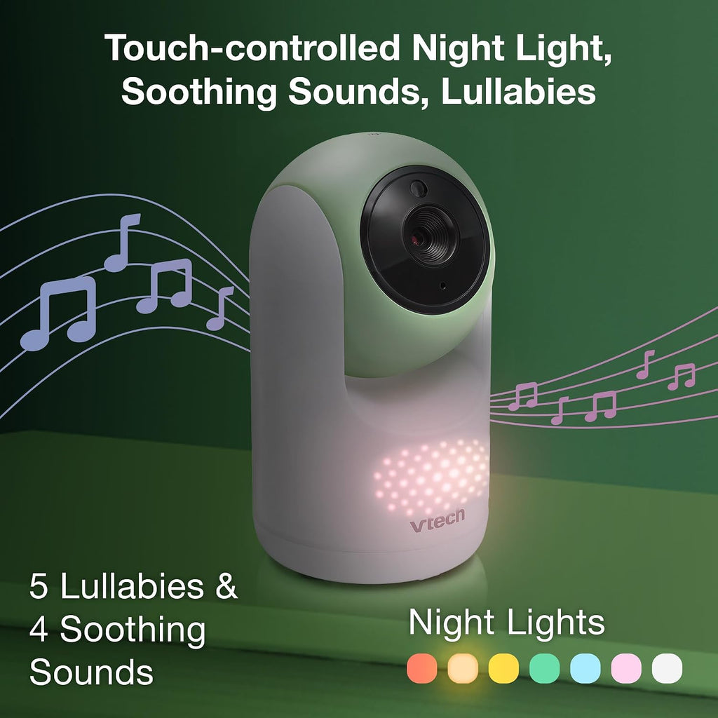 VTech 2-Cameras Video Baby Monitor with 7' Color LCD Screen, Rechargeable Battery, Video and Audio Streaming, Pan-Tilt-Zoom, Touch Multi-Color Night Light, Two-Way Talk: Advanced Max Twin (Green)