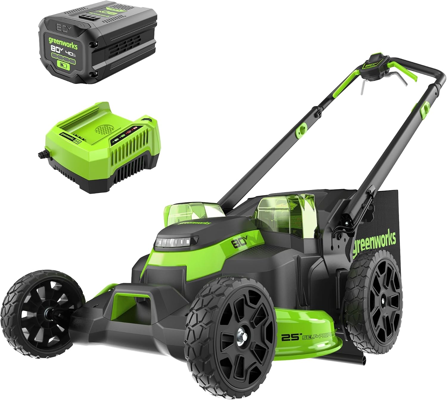 Greenworks 80V 25' Brushless Cordless (Self-Propelled) Dual Blade Lawn Mower (LED Headlight + Aluminum Handles), 4.0Ah Battery and Rapid Charger Included