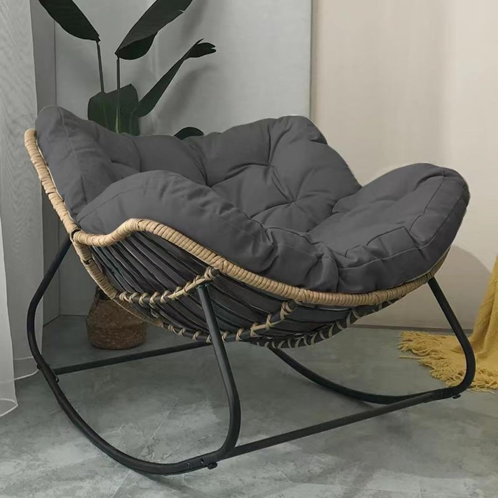 Oversized Egg Rocking Chair with Cushion, Patio Wicker Hanging Egg Chair with Padded Seat,Modern Rattan Rocker for Porch, Garden, Living Room, Bedroom(Gray+Black)
