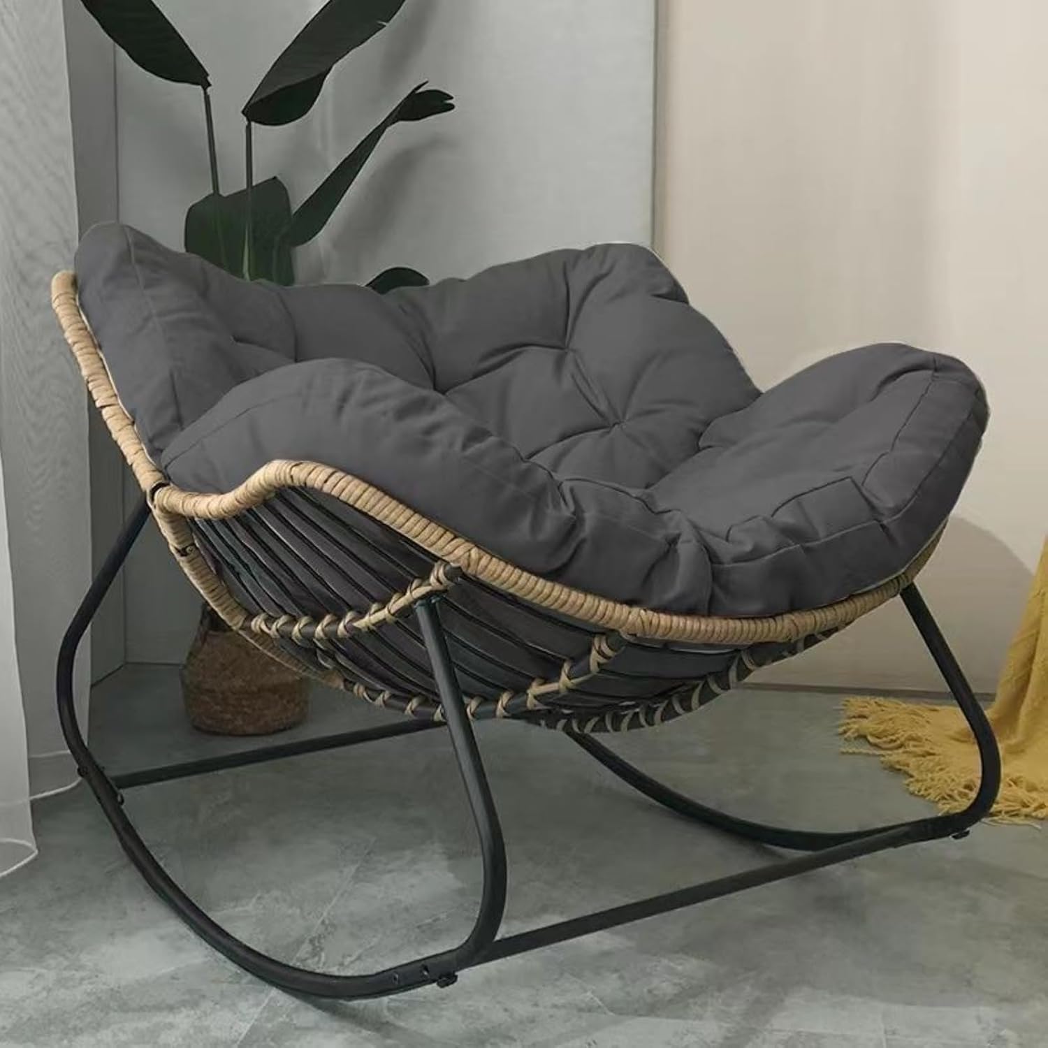 Oversized Egg Rocking Chair with Cushion, Patio Wicker Hanging Egg Chair with Padded Seat,Modern Rattan Rocker for Porch, Garden, Living Room, Bedroom(Gray+Black)