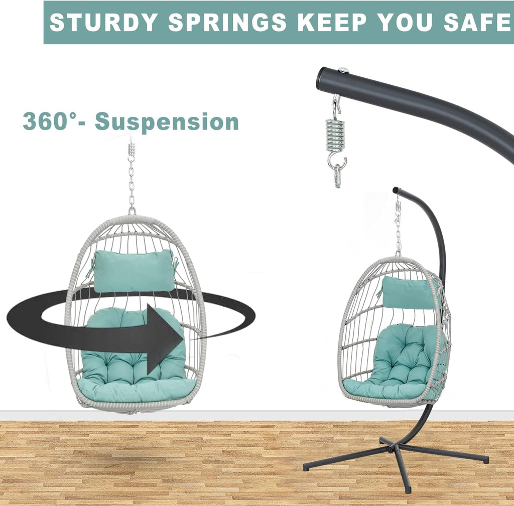 Indoor Outdoor Patio Wicker Hanging Chair Swing Chair Patio Egg Chair UV Resistant Cushion Aluminum Frame (Light Blue)