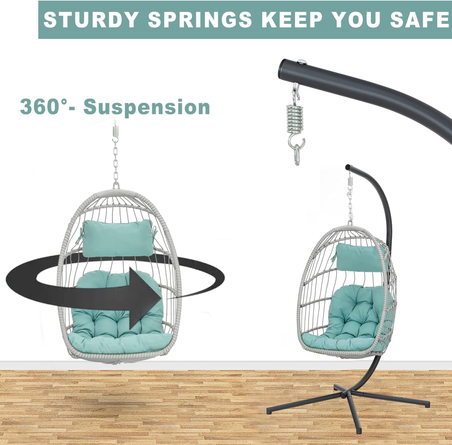 Indoor Outdoor Patio Wicker Hanging Chair Swing Chair Patio Egg Chair UV Resistant Cushion Aluminum Frame (Light Blue)