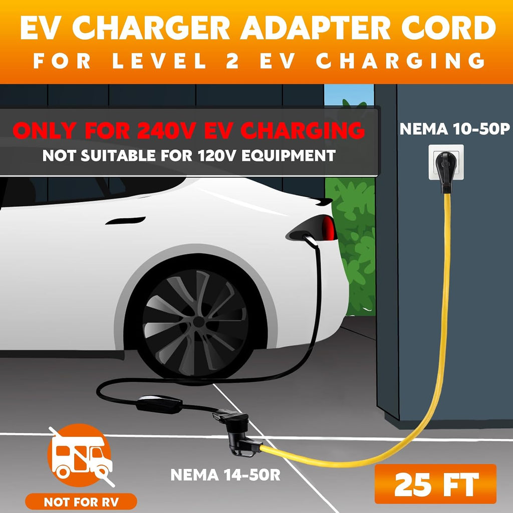 Tellegloww 25FT NEMA 10-50P to 14-50R EV Charger Adapter Cord, 50 Amp Stove Range to EV for Level 2 Charging, Only for 3 Prong Older Stove Range Outlet, STW 8 AWG/3C, ETL Listed