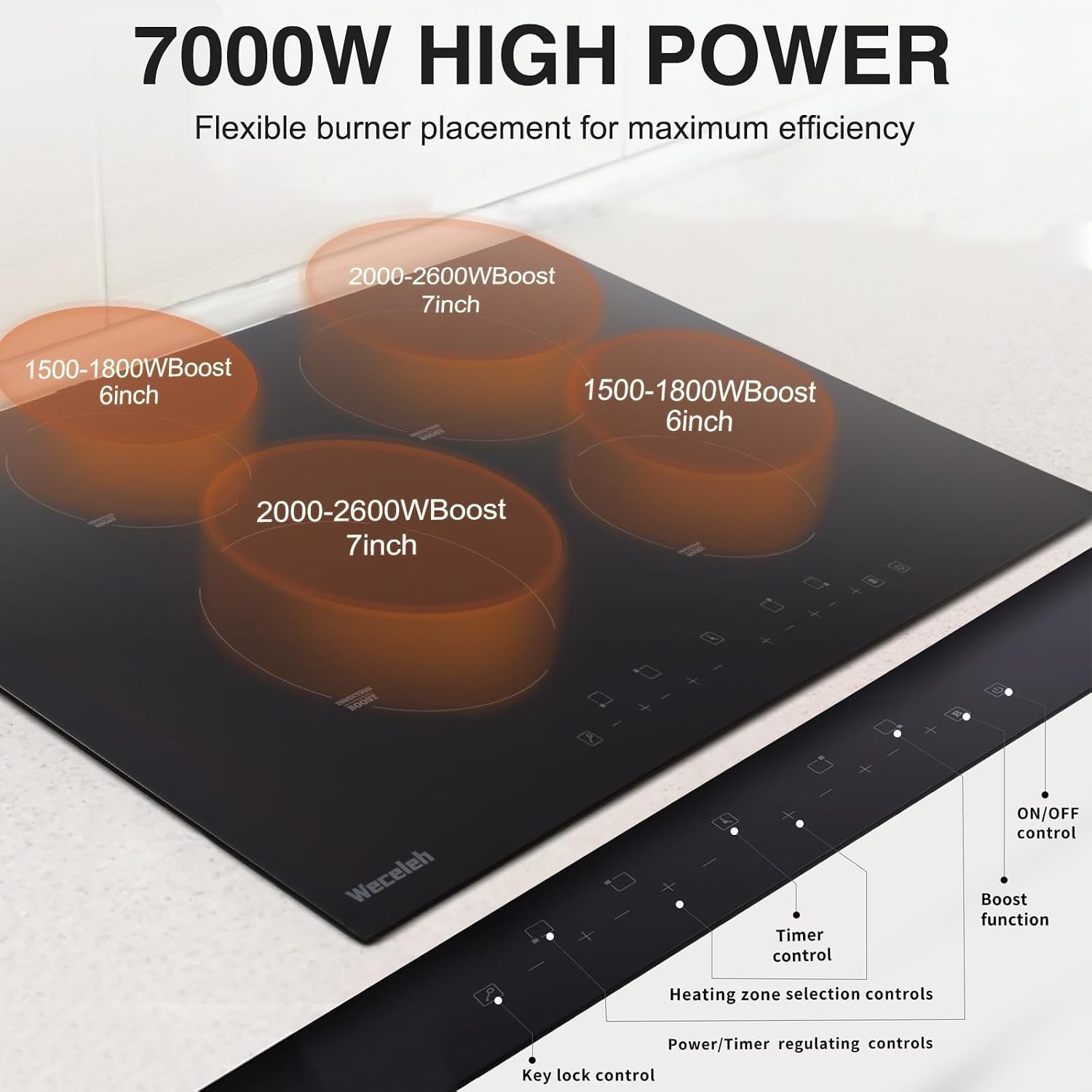 30 Inch Induction Cooktop 4 BOOST Burner, Weceleh Drop in Electric Cooktop, 9 Power Levels, Child Safety Lock, Timer, Touch Control, Overheat Protection,7000W/220-240V Induction StoveTop, No Plug