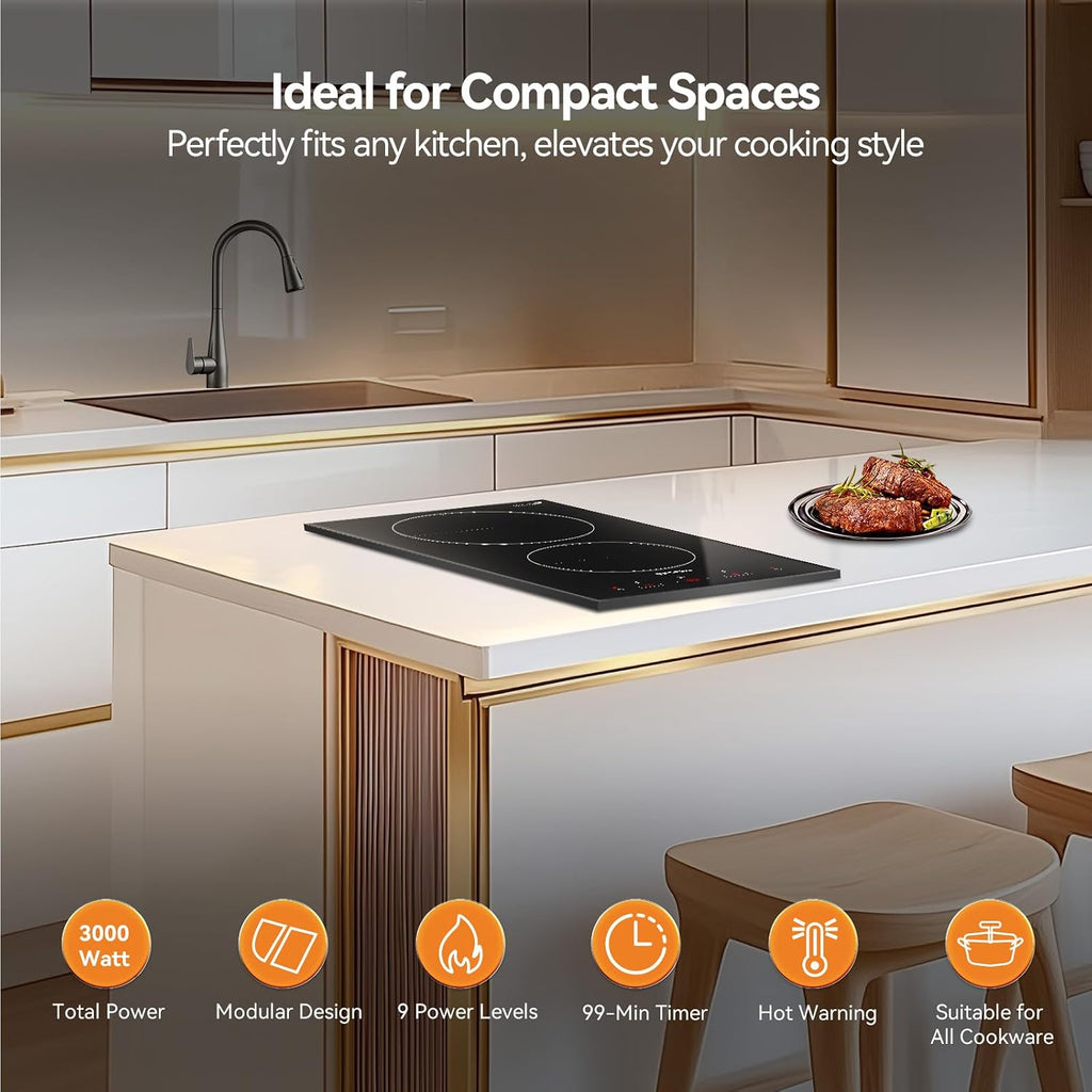 12 Inch 2 Burners Electric Cooktop, TECASA 3000W Radiant Electric Hob with 9 Power Levels, Built-in Ceramic Stove Top with Child Lock, Timer, Residual Heat Indicator, Hard Wire (No Plug)