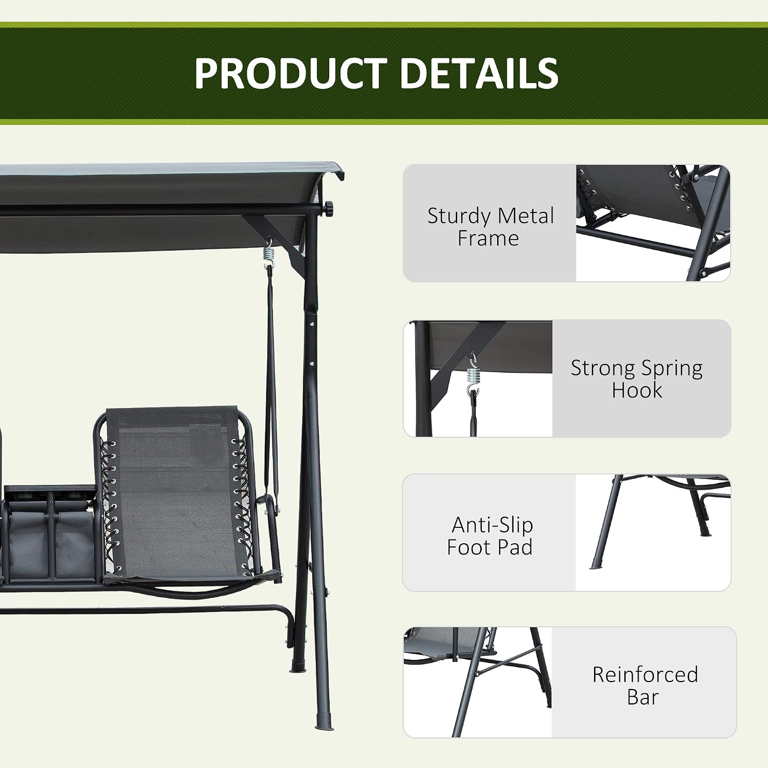 Outsunny 2-Seater Patio Swing Chair, Outdoor Canopy Swing Glider with Pivot Storage Table, Cup Holder, Adjustable Shade, Bungie Seat Suspension and Weather Resistant Steel Frame, Gray