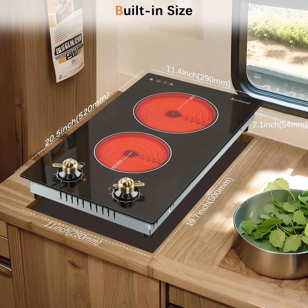 Karinear 110V Electric Cooktop 2 Burners Electric Stove 12 Inch Knob Control Countertop & Built-in Ceramic Cooktop, 9 Heating Level, Hot Warning, Over-Temperature Protection(Gold Knob)