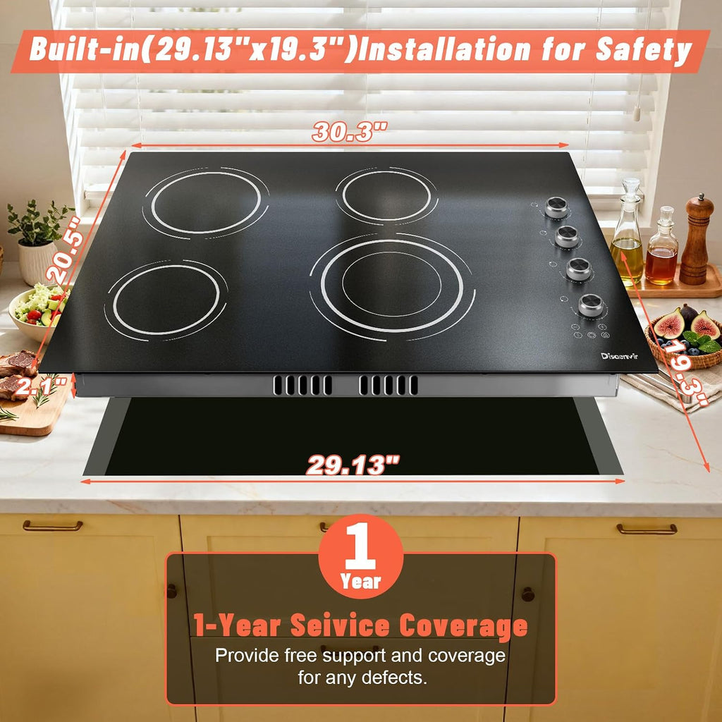 30 Inch Electric Cooktop 4 Burner - Built-in(29.13'x19.3') Ceramic Stovetop 6700W, 30' Electric Cook Top with Timer, Safety Lock, Pause, Dual Ring, 220V - 240V Hard Wired (Black-Sliver Knob)