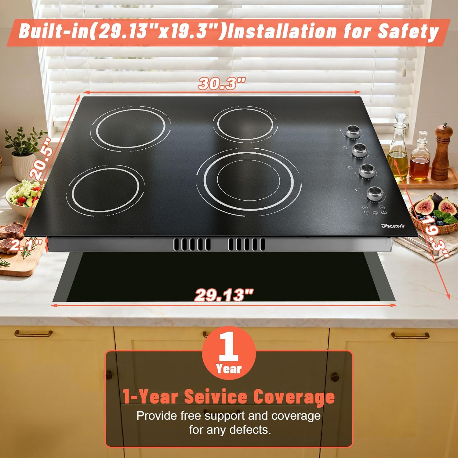 30 Inch Electric Cooktop 4 Burner - Built-in(29.13'x19.3') Ceramic Stovetop 6700W, 30' Electric Cook Top with Timer, Safety Lock, Pause, Dual Ring, 220V - 240V Hard Wired (Black-Sliver Knob)