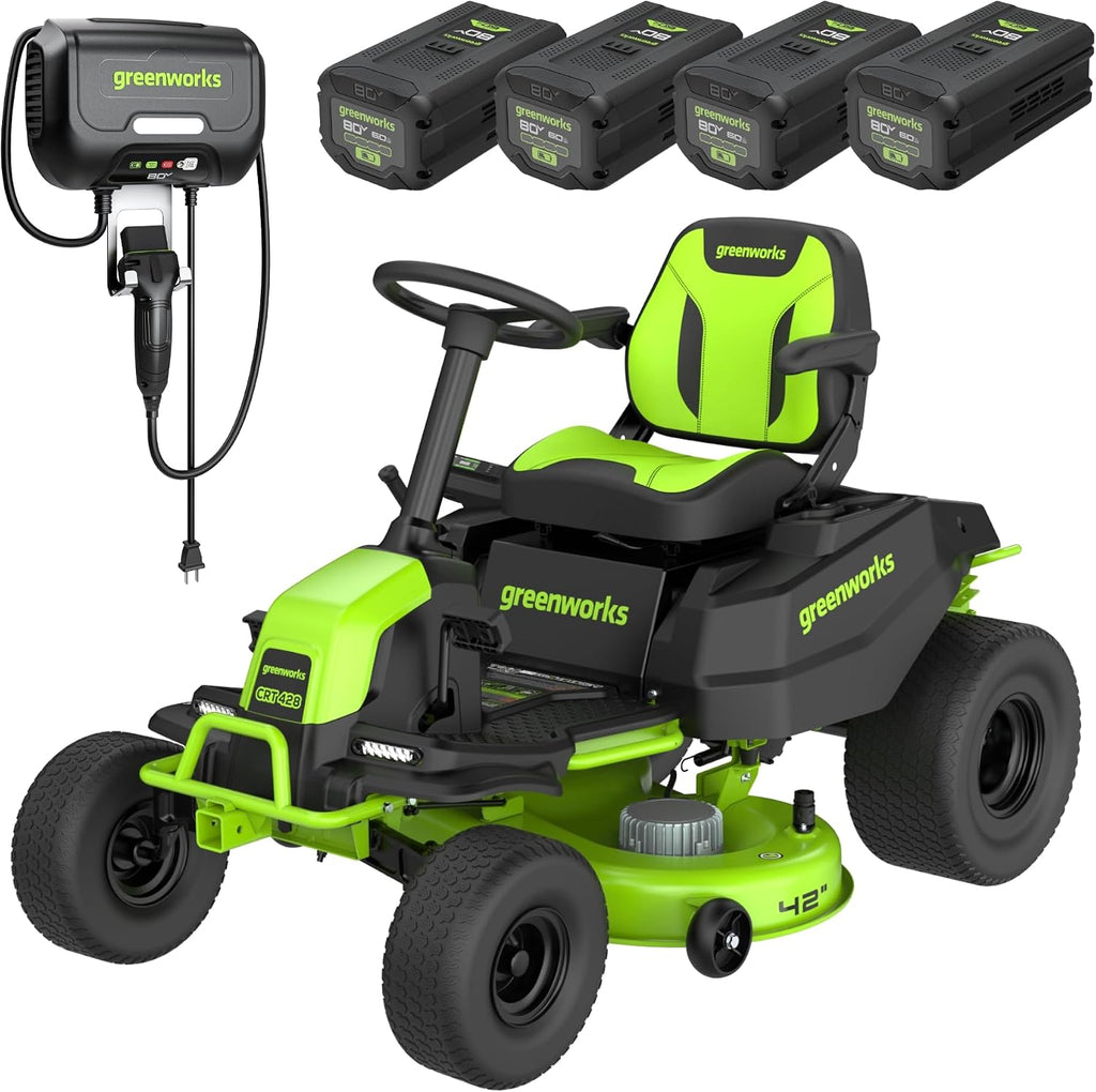 Greenworks 80V 42' CrossoverT Cordless Riding Lawn Tractor, (4) 6.0Ah Batteries and 600W Charger