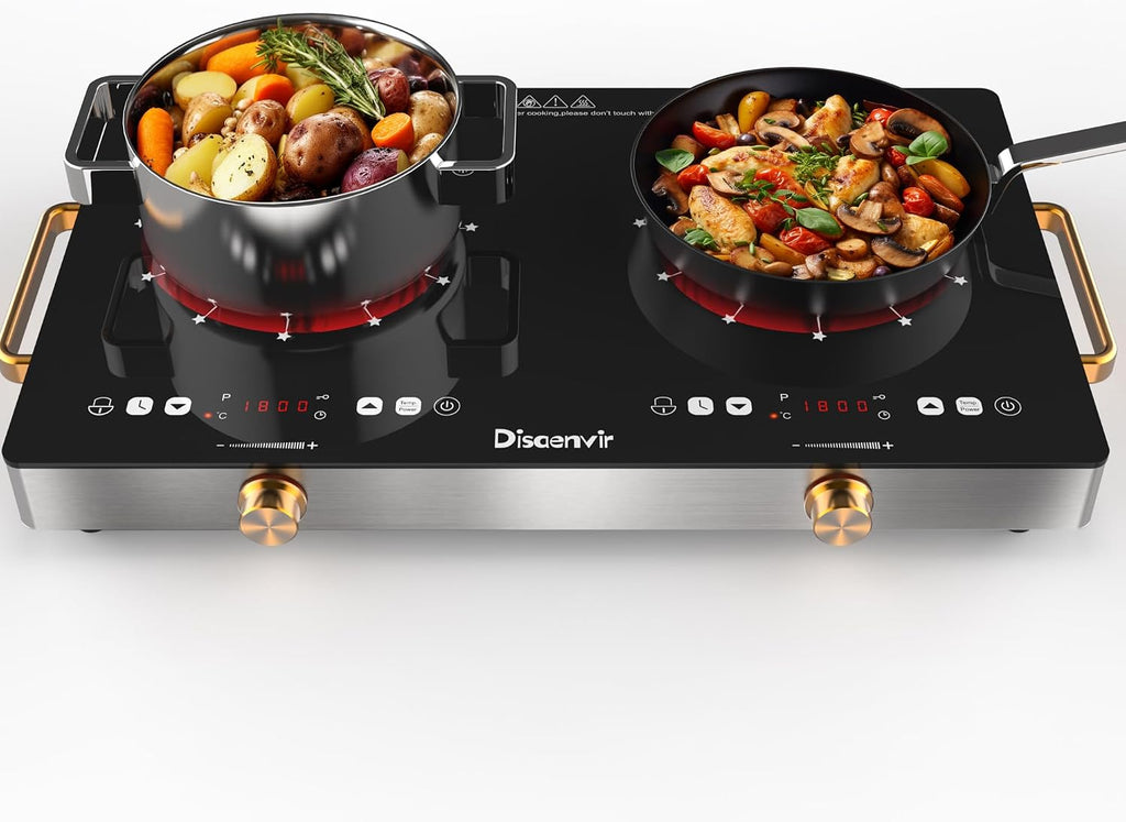 2 Burner Electric Cooktop 110V - 24 Inch(22.2'x 13.07') Countertop Electric Stove with Handles 2000W, Two Burner Ceramic Burner with Touch and Knob Control, Timer, Safety Lock, 120V Plug in