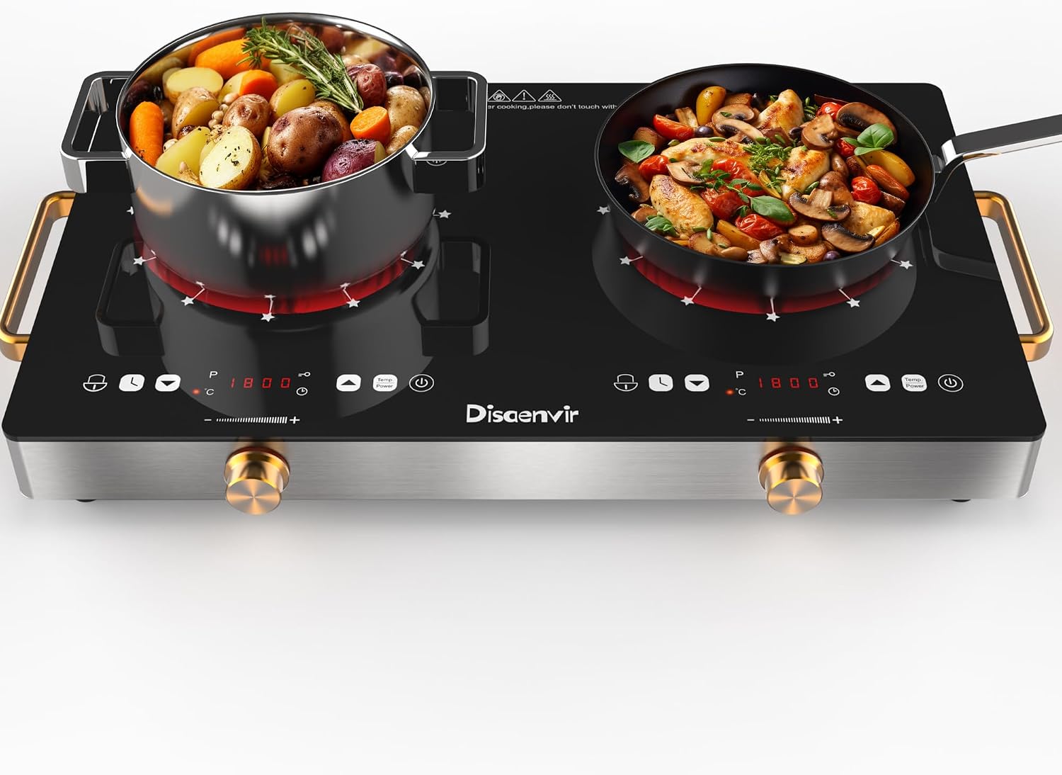 2 Burner Electric Cooktop 110V - 24 Inch(22.2'x 13.07') Countertop Electric Stove with Handles 2000W, Two Burner Ceramic Burner with Touch and Knob Control, Timer, Safety Lock, 120V Plug in