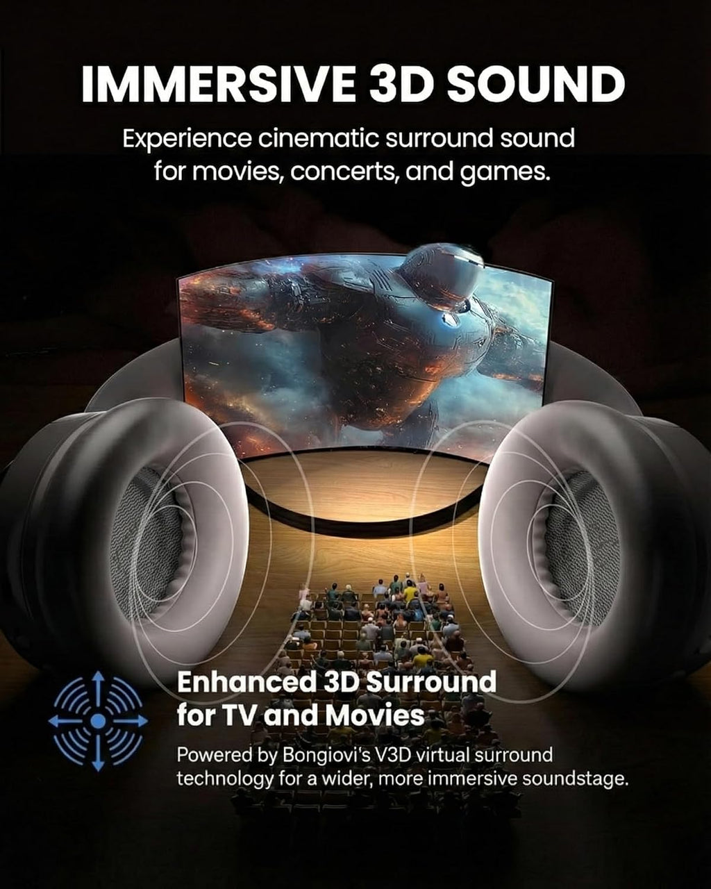 Avantree Eon 3D – 7.1 Virtual Surround Sound Wireless Over-Ear Headphones, Cinematic Audio for Movies & Shows, 60H Playtime, Replaceable Battery, for Bluetooth Enabled Smart TVs and Mobile Devices