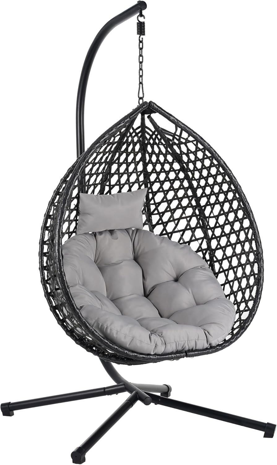 Single Hammock Chair with Stand Durable Hanging Egg Chair with Rattan Weaving, Indoor Outdoor Swing Chairs with Soft Removable Cushion for Balcony, Bedroom, Patio, or Garden, Black+ Grey