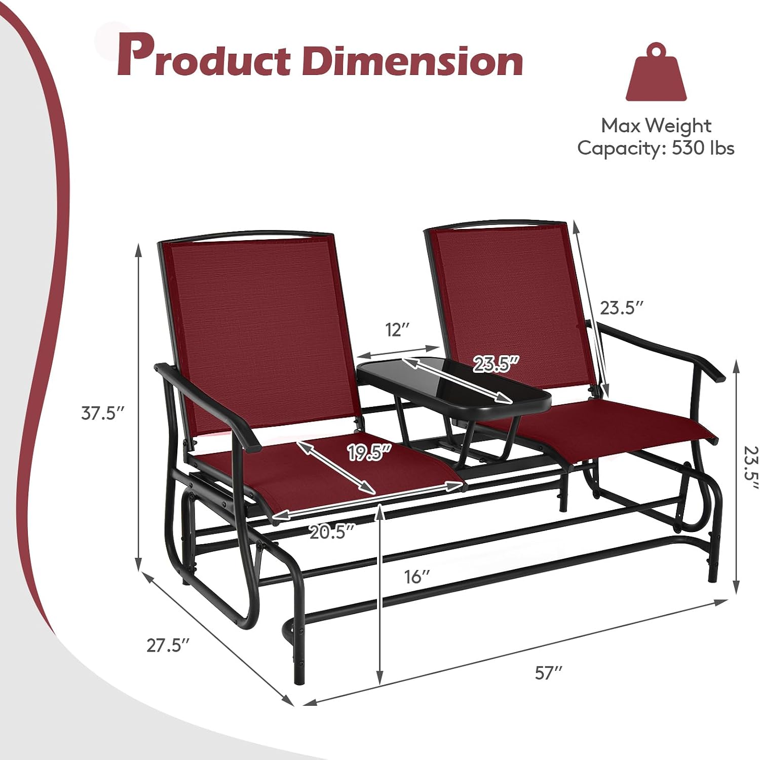 Tangkula 2 Person Swing Glider Chair, Patio Rocking Loveseat w/Center Tempered Glass Table, Outdoor Swing Bench w/Steel Frame & Breathable Mesh Fabric for Porch, Balcony, Poolside (Burgundy)