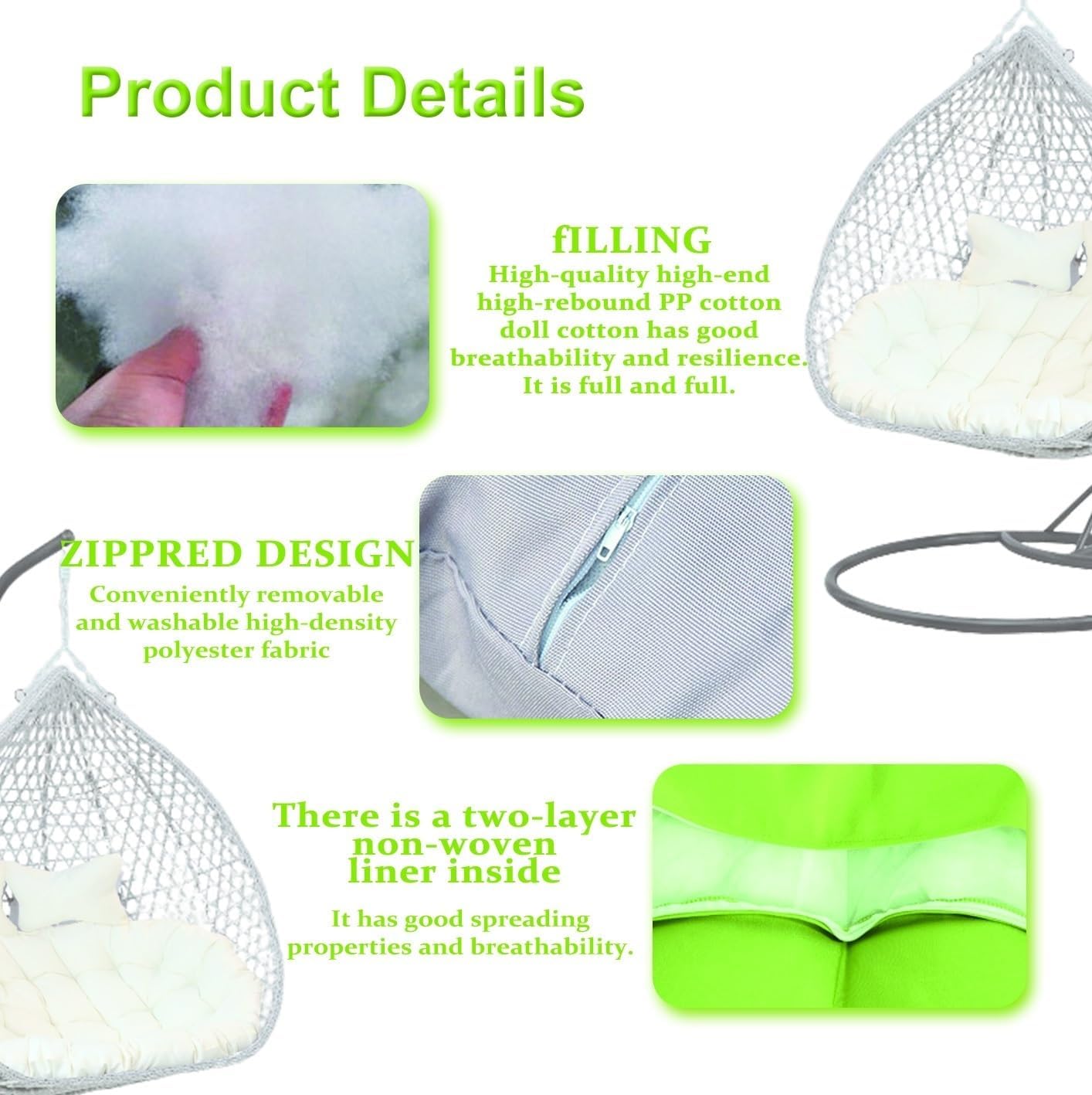 Double People Swing Chair Cushion, Washable Hanging Egg Chair Replacement Cushions, 2 Seater Waterproof Hanging Hammock Chair Seat Pads with 2 Detachable Pillow for Outdoor & Indoor, Pink