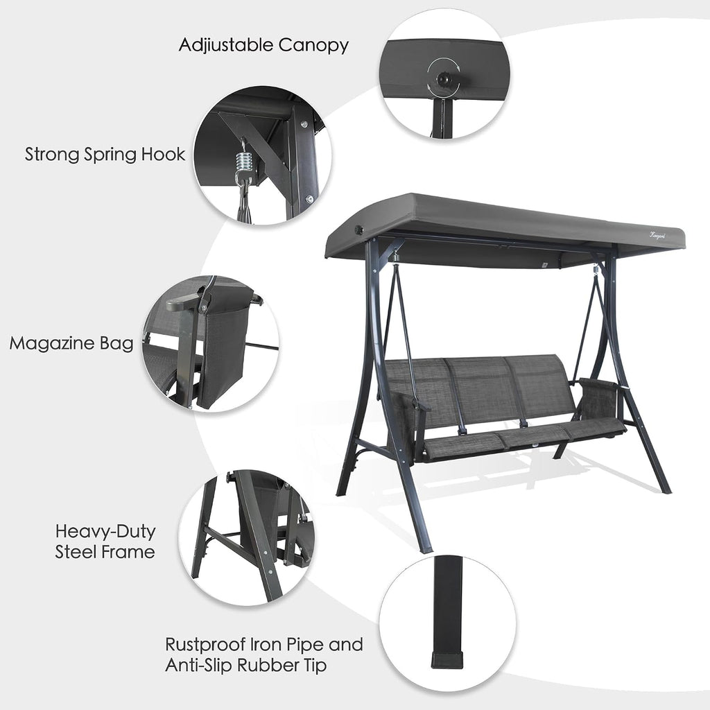 Kozyard Brenda 3-Seat Outdoor Porch Swing Glider, Patio Swing with Adjustable Canopy, Steel Frame, Breathable Textilene Seat & Back, Side Pockets (Gray)