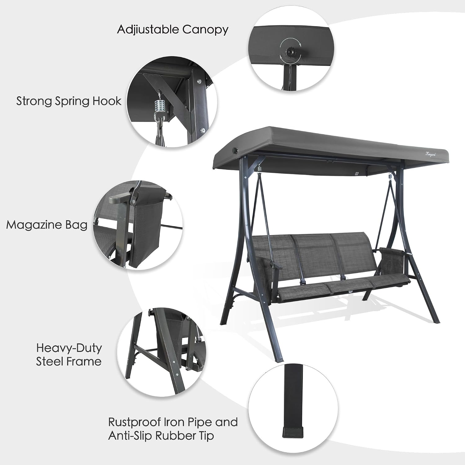 Kozyard Brenda 3-Seat Outdoor Porch Swing Glider, Patio Swing with Adjustable Canopy, Steel Frame, Breathable Textilene Seat & Back, Side Pockets (Gray)