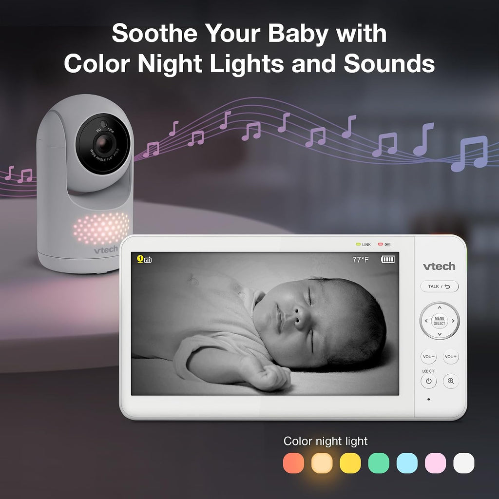 VTech Advanced HQ Max Twin 7' Digital Video 2-Cameras Baby Monitor with Pan Tilt Zoom, Long Battery Life 5000mAh, IPS Screen, Adaptive Multi-Color Night Light, 2-Way Talk, HQ Display, No WiFi, White