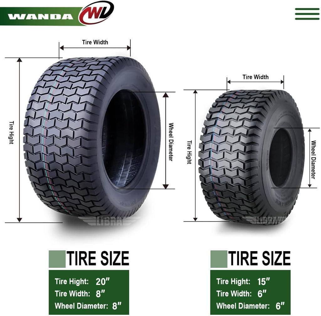 WANDA Set 4 Lawn Mower Turf Tires 15x6-6 Front & 20x8-8 Rear /4PR