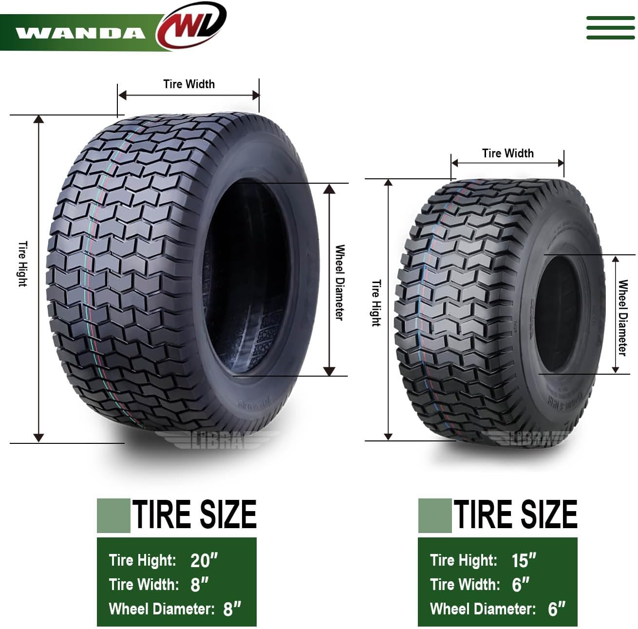 WANDA Set 4 Lawn Mower Turf Tires 15x6-6 Front & 20x8-8 Rear /4PR
