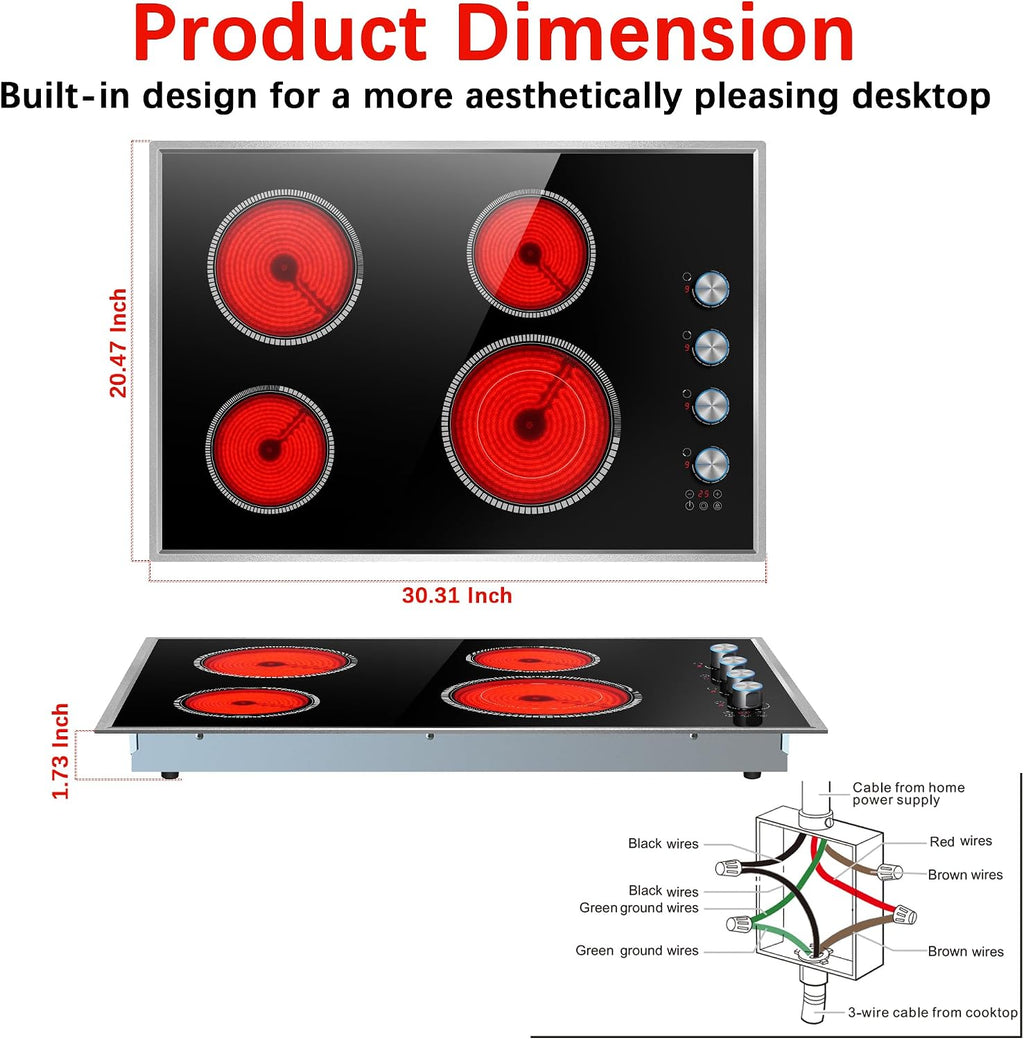 30 Inch Electric Cooktop, 4 Burner Electric Stove Top with Knob Control, 6700W Stove Top Burner with Overheat Protection, Child Lock, Timer, Durable Metal Frame, Bulit-in Glass Top 220-240V Hardwired