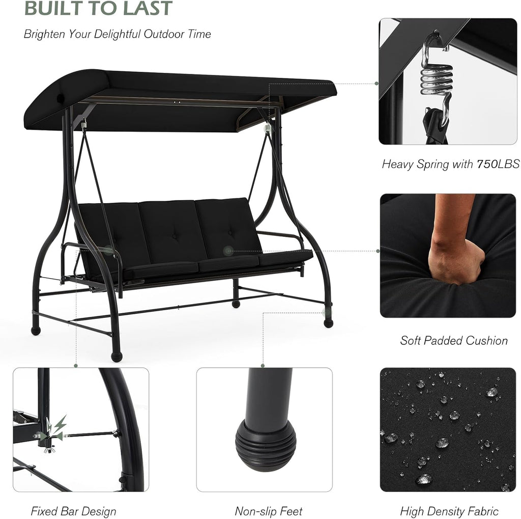 AECOJOY 3-Seat Outdoor Porch Swing with Adjustable Backrest and Canopy, Patio Swing w/Removable Cushions Outdoor Swing Bed for Porch, Backyard, Poolside, Black