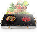 2 Burner Electric Cooktop - 24 Inch Portable Electric Stovetop 110V, 2000W Countertop Tow Burner Ceramic Cooktop with LCD Control Panel, Child Lock, Timer, Knob Control with Plug (Golden)