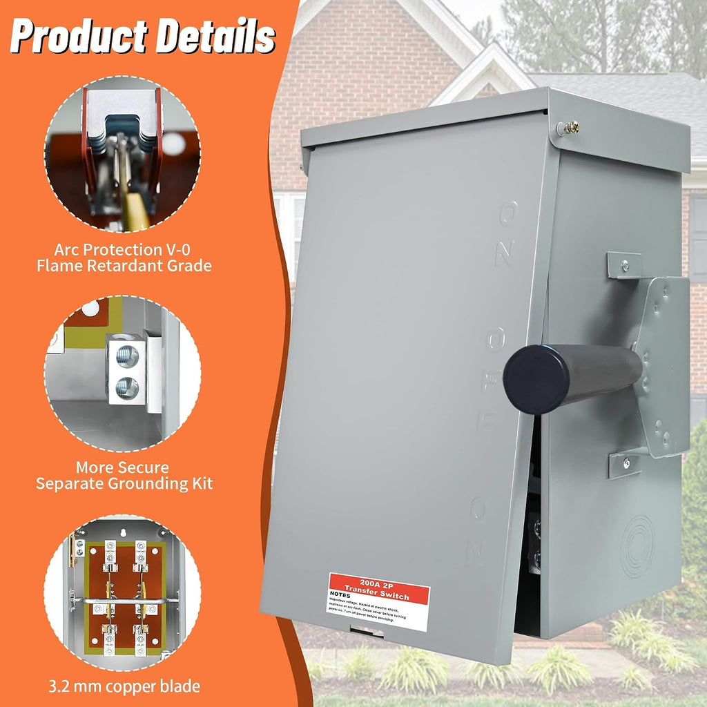 Upgraded 200 Amp 2 Pole Manual Transfer Switch, 120/240-Volt 48,000-Watt Transfer Switch for Home Generator, Meeting NEMA 3R Standards for Outdoor and Indoor, with Integrated Neutral