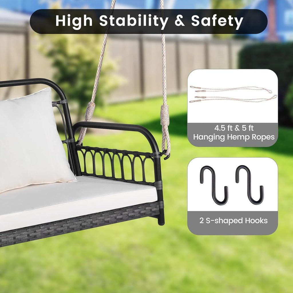 HAPPYGRILL 2-Person Patio Wicker Swing Chair, Hanging Outdoor Swing Bench with Removable Cushions, 880 LBS Weight Capacity, Outdoor Front Porch Swing for Garden Poolside Backyard