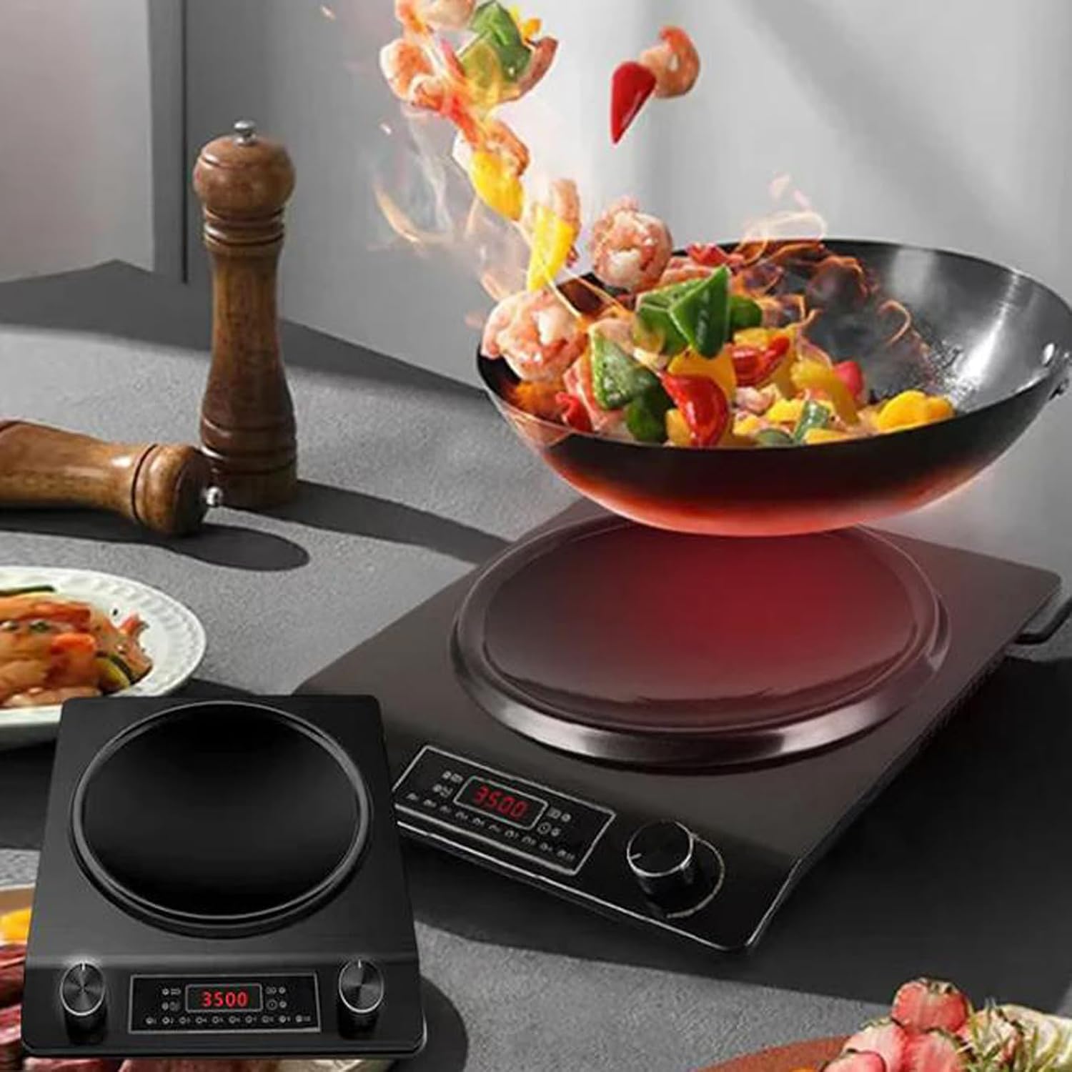 3500-Watt Induction Hob, 10 Temperature Settings, Newbeew Portable Multifunctional Commercial Induction Cooktop, with LCD Display & Touch/Knob Control, Innovative Concave Design (Gold)