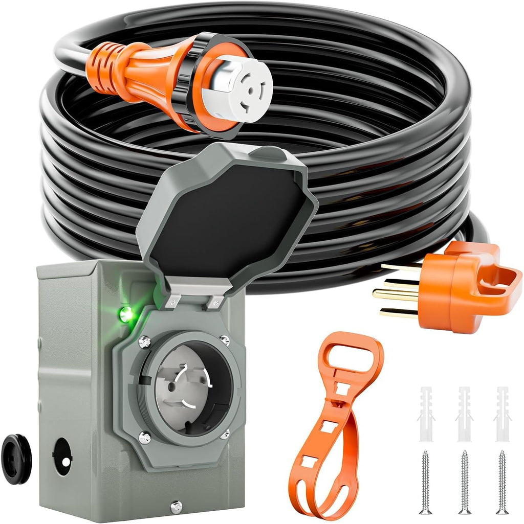 50 Amp Generator Power Cord 15ft and Inlet Box Kit, NEMA 14-50P to SS2-50R Twist Lock with Organizer for RV, Outdoor