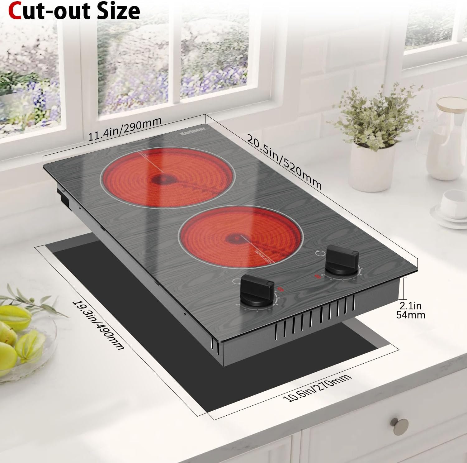 Karinear Electric Cooktop 2 Burners, 110v Portable Electri Stove Top with Knob, Glass Cooktop, Beautiful Woodgrain Pattern, Built-in and Countertop Electric Ceramic Cooktops, 12 Inch, 110v Outlet Plug