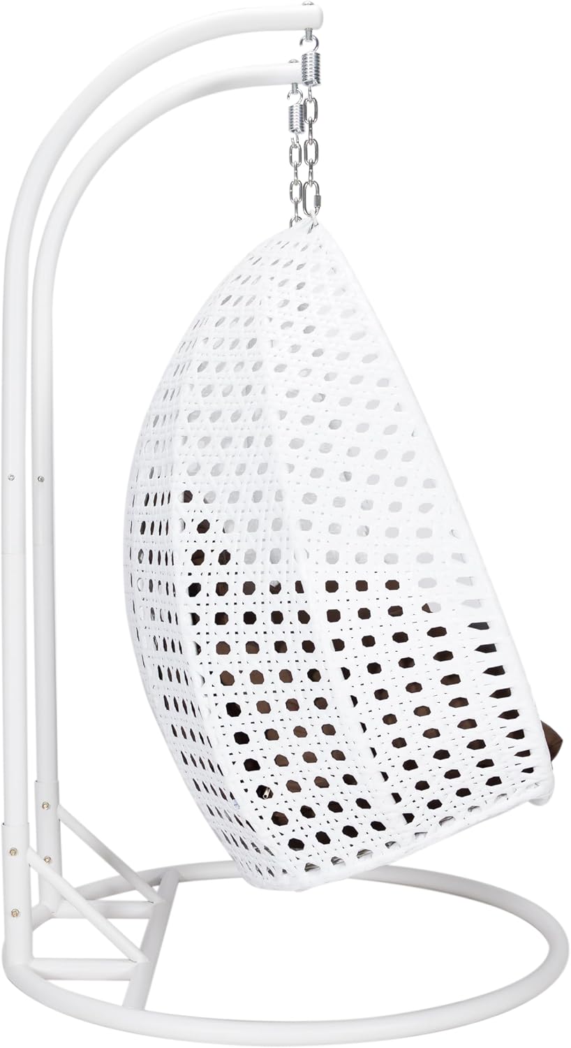 LeisureMod 2 Person Hanging Egg Chair, Indoor Outdoor Patio Lounge Swing with White Stand & UV-Resistant Cushions, Hammock Chair for Bedroom & Garden, Brown