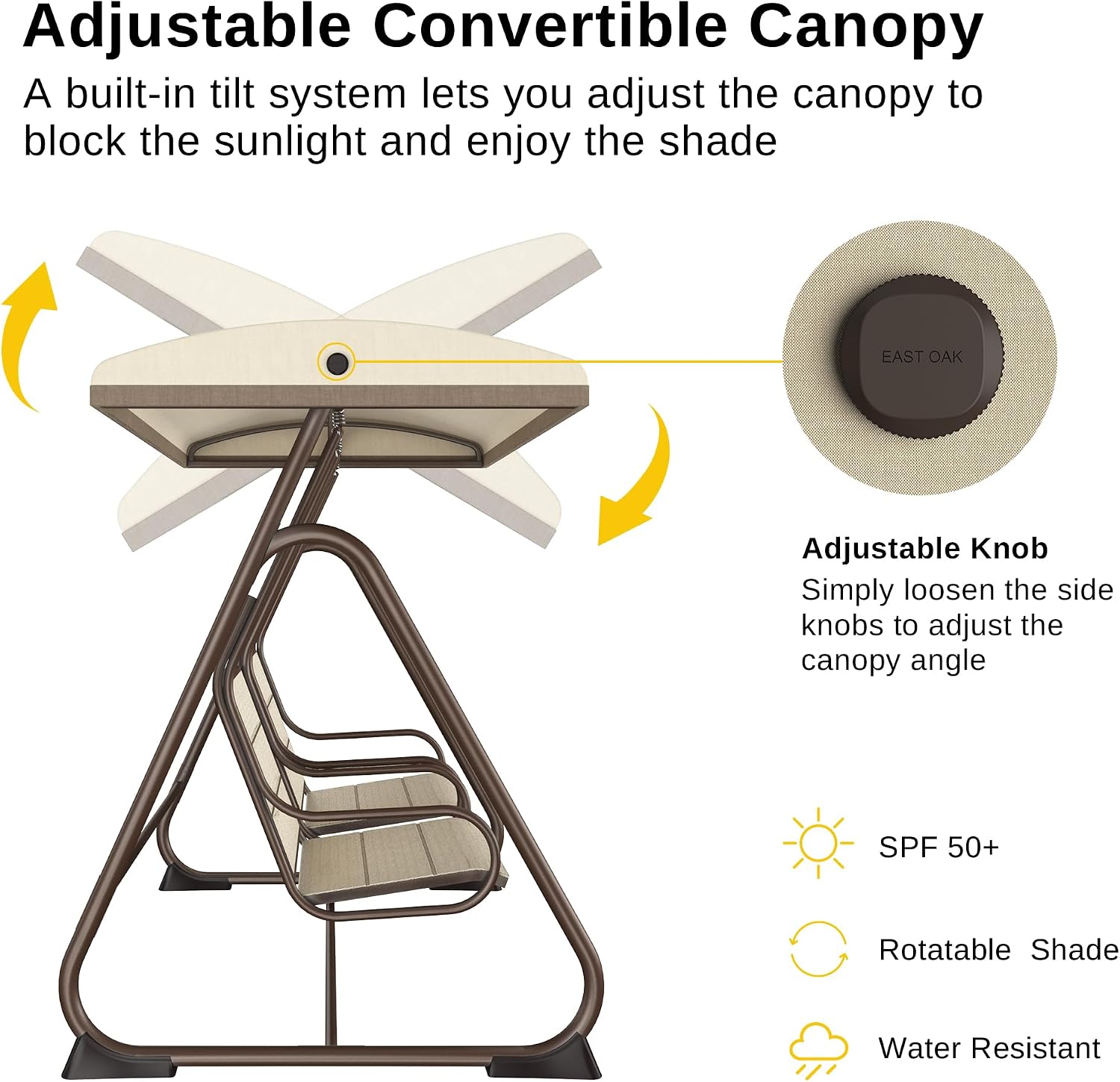 East Oak 2-Person Outdoor Patio Swing Chair with Adjustable Canopy, Porch Swing with Comfortable and Breathable Seats, Independent Swing Chairs for Garden, Balcony, Backyard, Chestnut Brown
