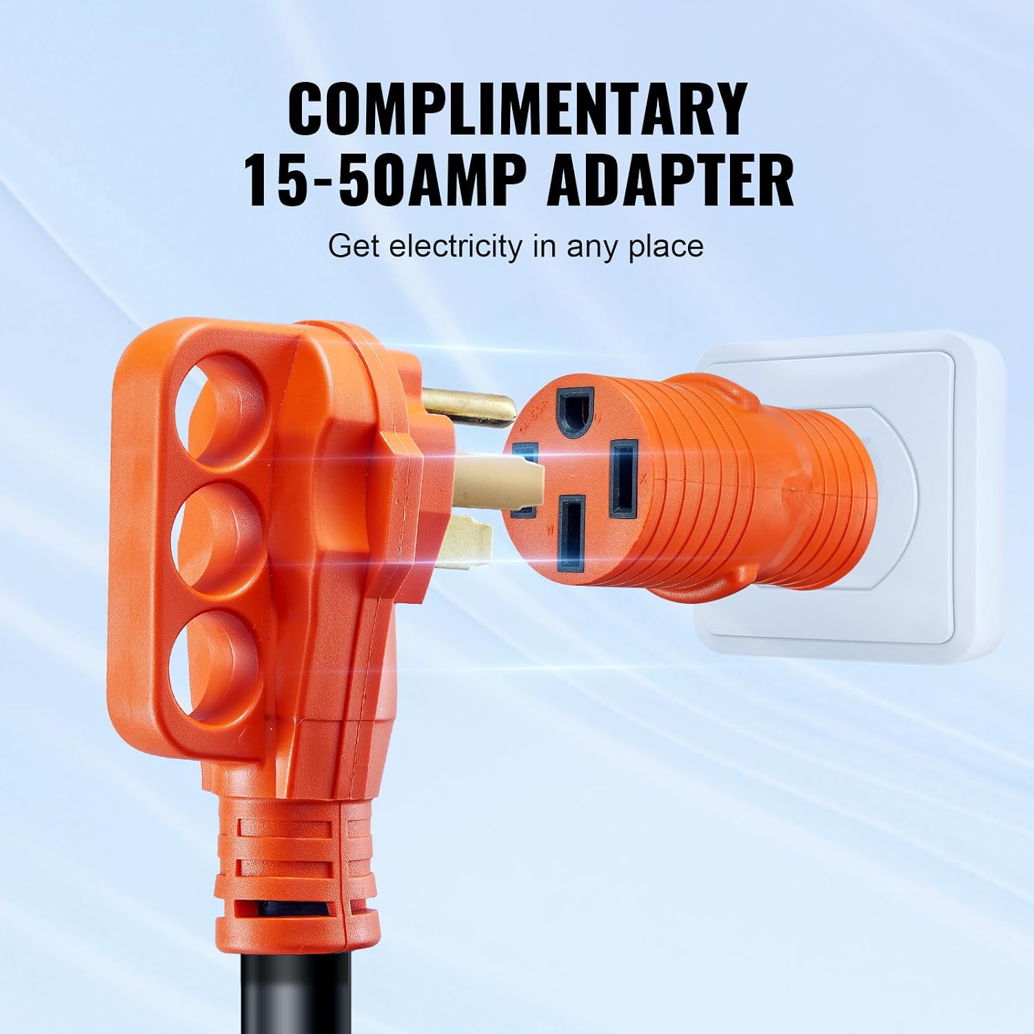 VEVOR 30FT 50 Amp RV Extension Cord, 6/3+8/1 AWG Pure Copper STW Power Cord 125V/250V 12500W, NEMA 14-50P to SS2-50R with LED Indicator & 15A Adapter, ETL Listed for RV Camper Generator EV Charger