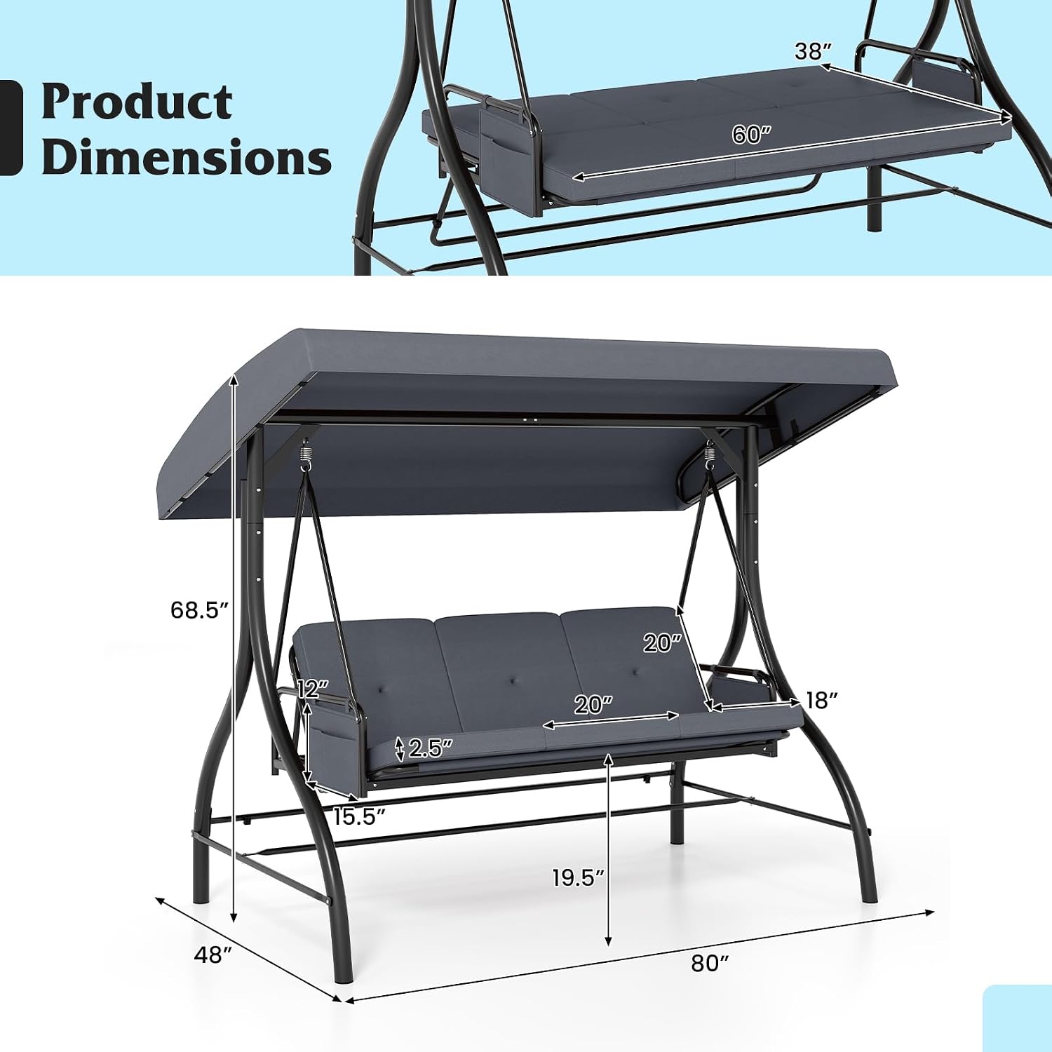 Tangkula 3 Person Porch Swing, 2-in-1 Convertible Outdoor Swing with Adjustable Canopy, Removable Cushions, Metal Frame, Side Pockets for Backyard, Garden, Porch (Gray)