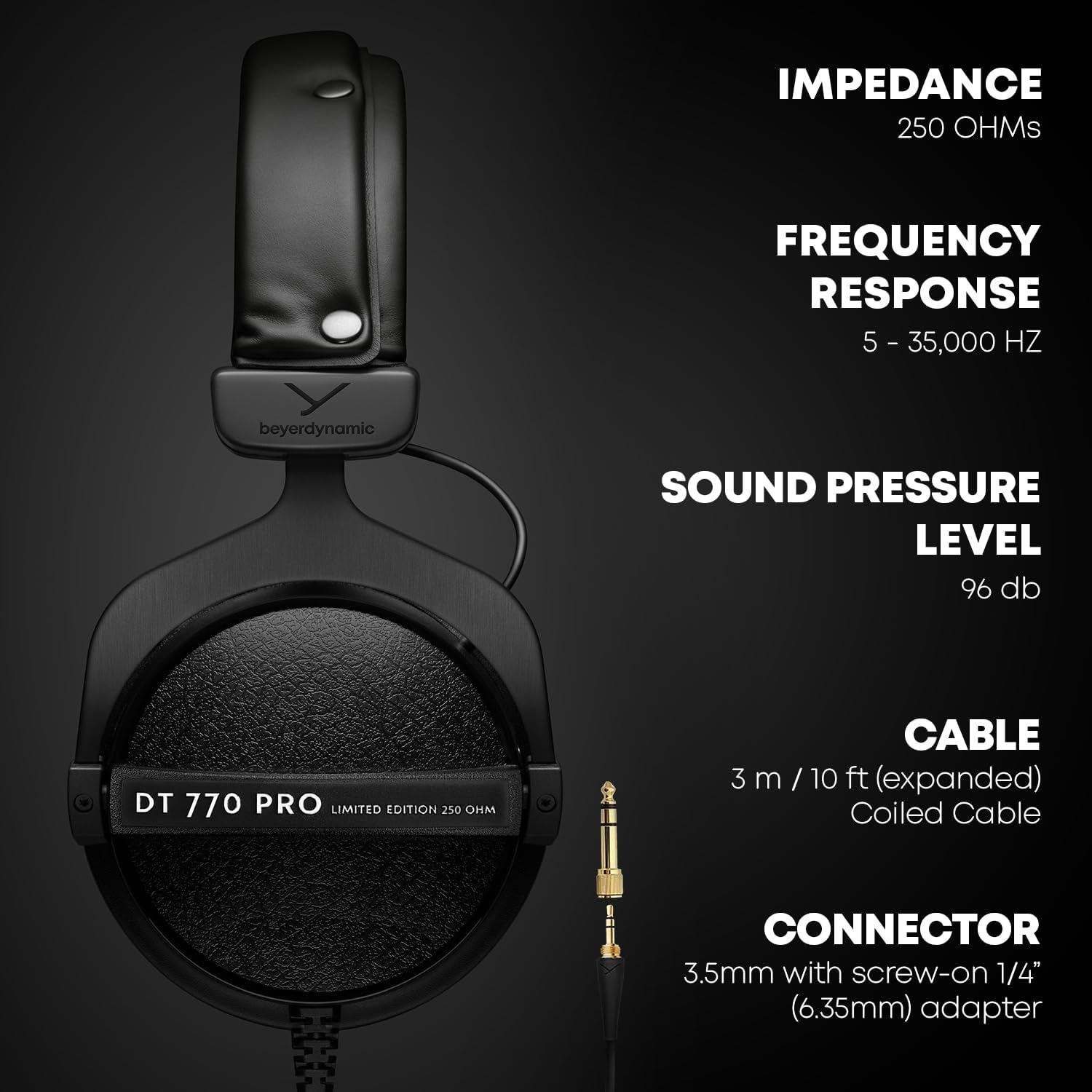beyerdynamic DT 770 PRO, 250 Ohm, Closed Back, Over Ear, Wired Professional Studio Headphones, Audio Monitors, Audiophile, 3m Coiled Cable, Black with Limited Edition Black Velour Ear Pads