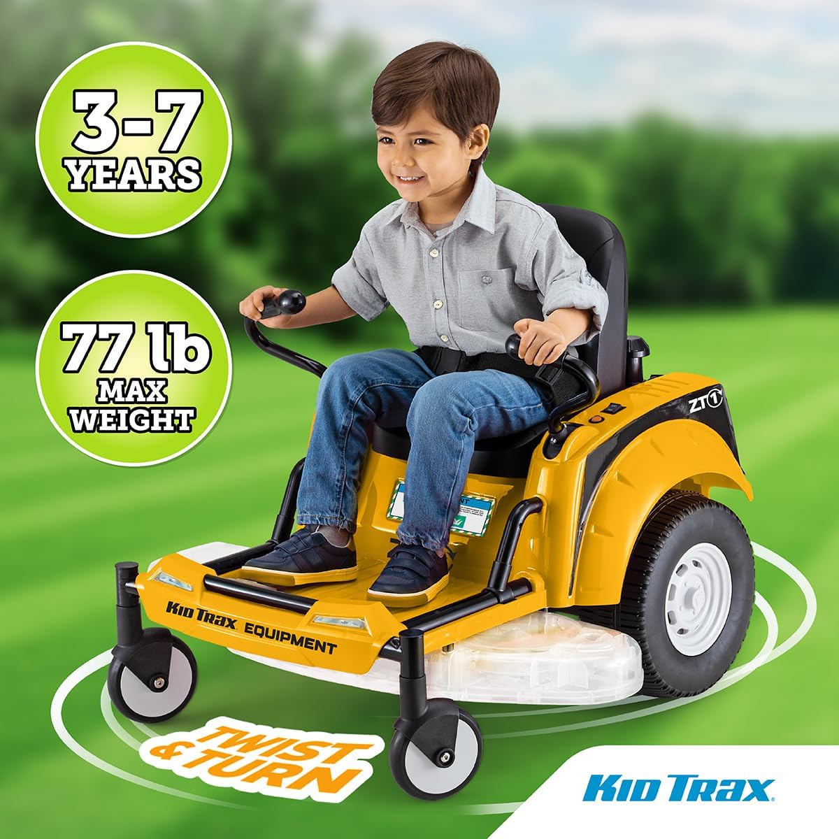 Kid Trax 12V Zero Turn Lawn Mower Tractor Toy - Riding Lawn Mower, Outdoor Toys, Kids Electric Car, Ride On Tractor, Dual Handle, Twist and Turn, Speed to 3MPH, Max Weight of 77lbs, Age 3-7, Yellow