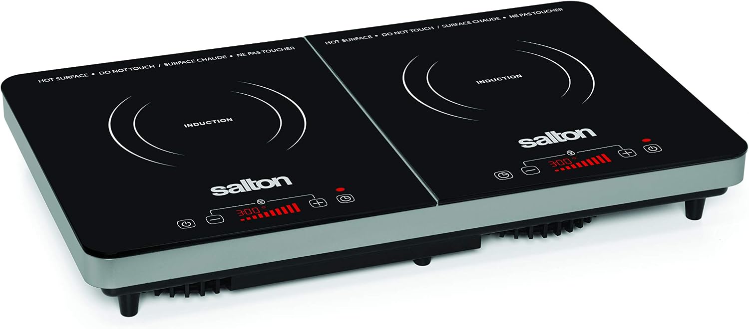 Salton Portable Double Induction Cooktop Cool Touch LED Display Cooker with 10 Power Settings for Precise Control, 1800 Watts (ID1487)