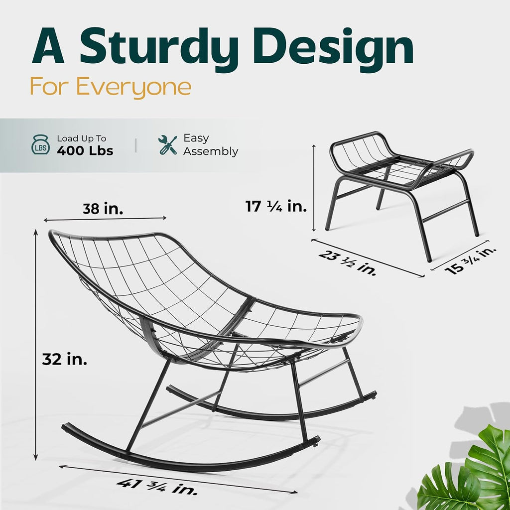 Bme Patio Rocking Chair Outdoor & Indoor with Ottoman, Metal Patio Lounge Rocking Chair with Thick Cushion, Comfy Modern Rocker Chair, Beige Cushion - Black Matte Rocker