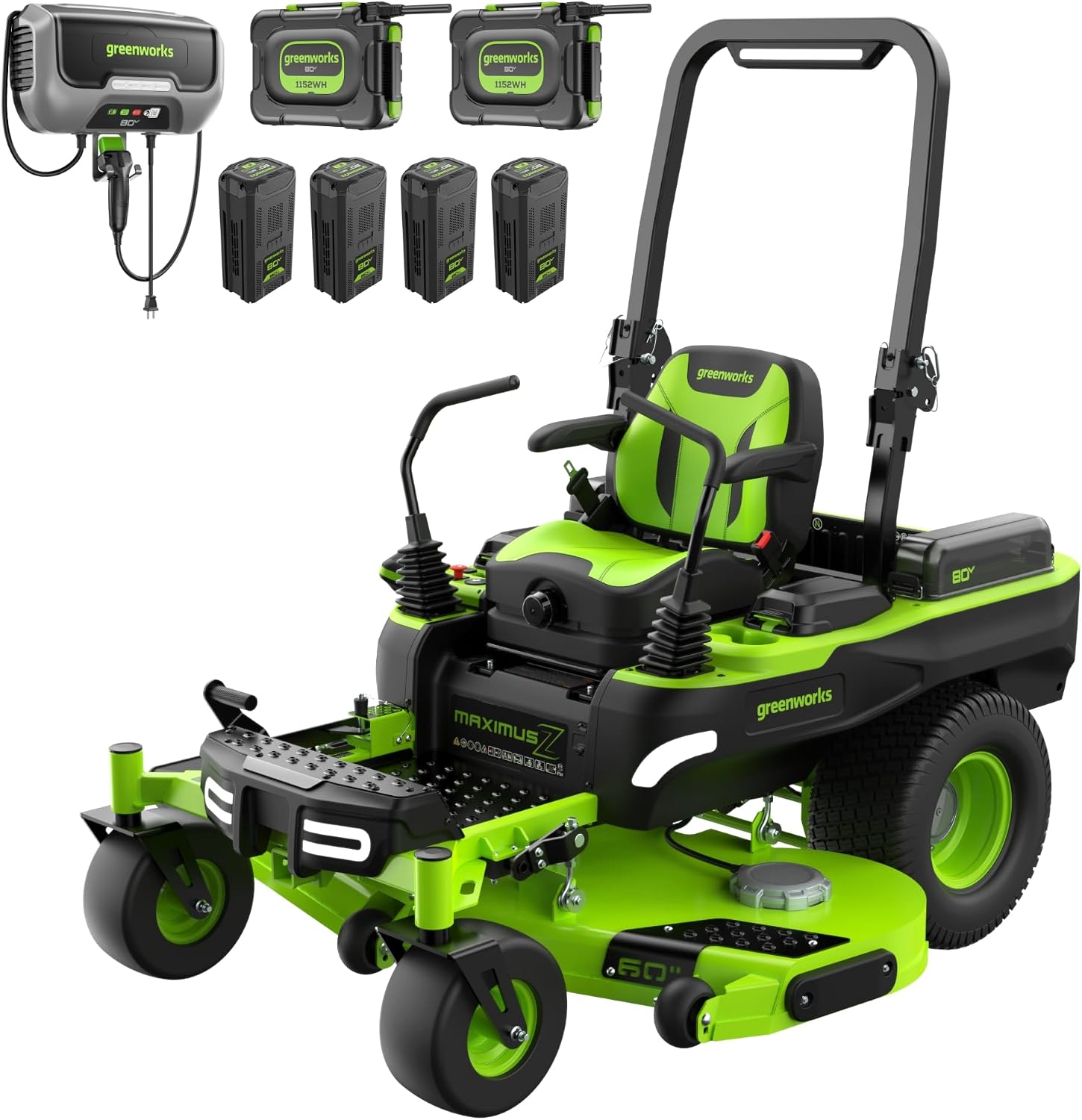 Greenworks 80V 60' Riding Lawn Mower (5.12 Acre, 41 HP Gas Equivalent, 4 MPH, Rear Dump Bed), (2) 16.0Ah + (4) 8.0Ah Batteries (5,120 Wh Max) + Turbo Wall Charger