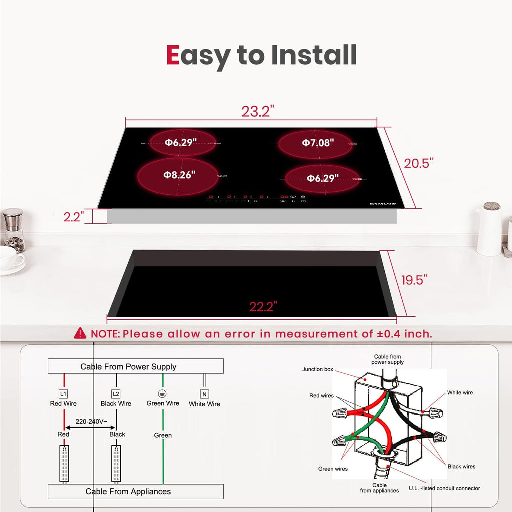 GASLAND 4 Burners Induction Cooktop 24 Inch,7200W Built-in Induction Stovetop with Booster and Timer, 240V Electric Hob, 9 Power Levels, Slide Touch Control, Child Safety Lock, Hard Wire