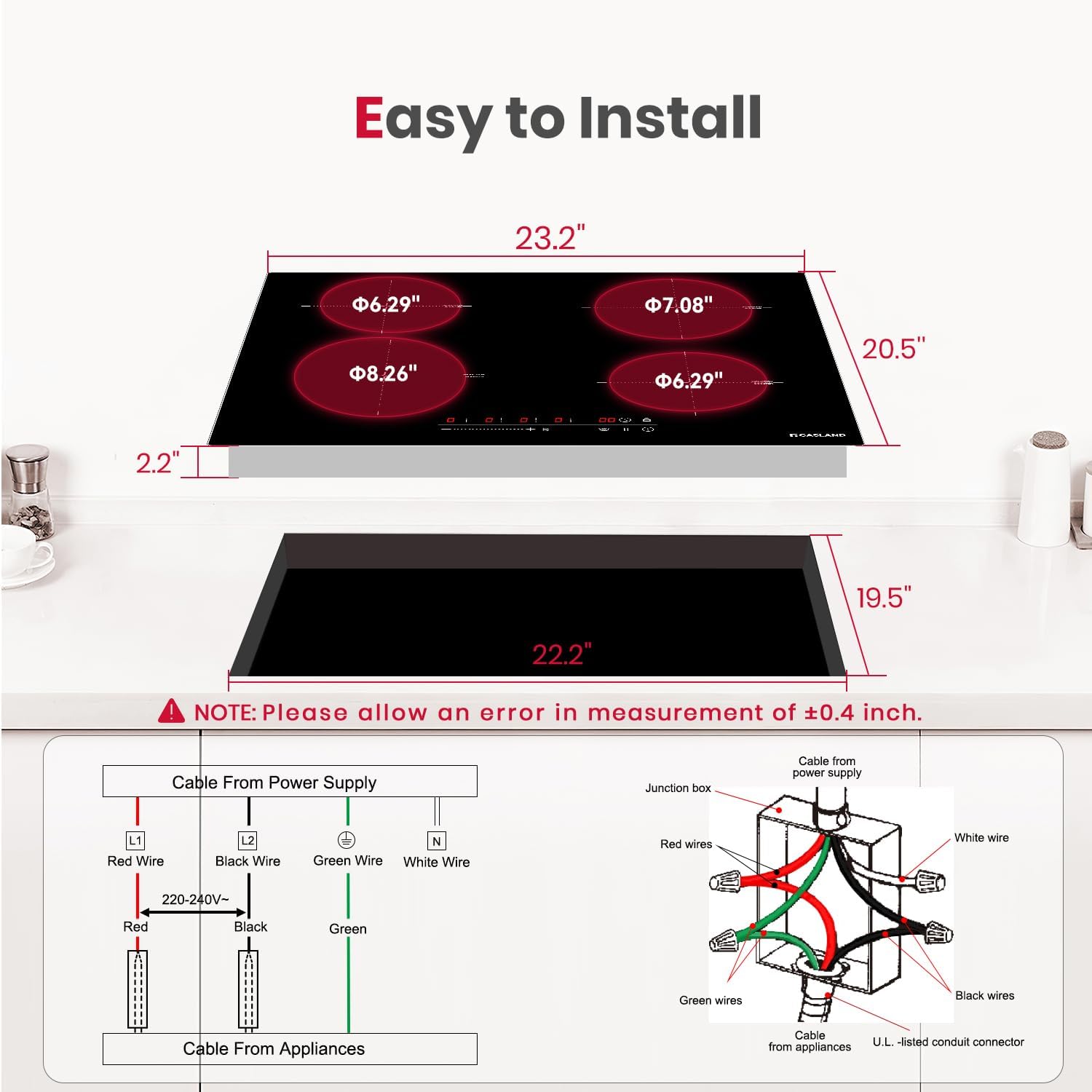 GASLAND 4 Burners Induction Cooktop 24 Inch,7200W Built-in Induction Stovetop with Booster and Timer, 240V Electric Hob, 9 Power Levels, Slide Touch Control, Child Safety Lock, Hard Wire