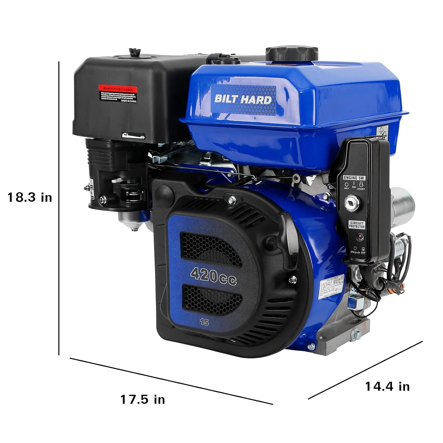 BILT HARD 420cc 15HP Gas Engine with Electric Start, Horizontal Shaft 4 Stroke OHV Gas Motor, Gas Powered Multi-Use Engine