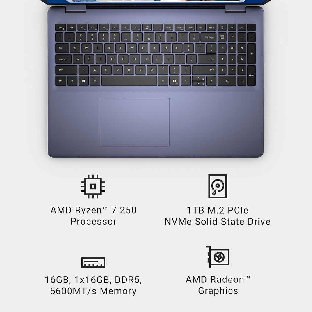 Dell 16 Laptop DC16256-16.0-inch 16:10 FHD+ Anti-Glare Non-Touch Display, AMD Ryzen 7 250, AMD Radeon Graphics, 16GB Memory, 1TB SSD, Backlit Keyboard with Fingerprint Reader, Windows 11 Home