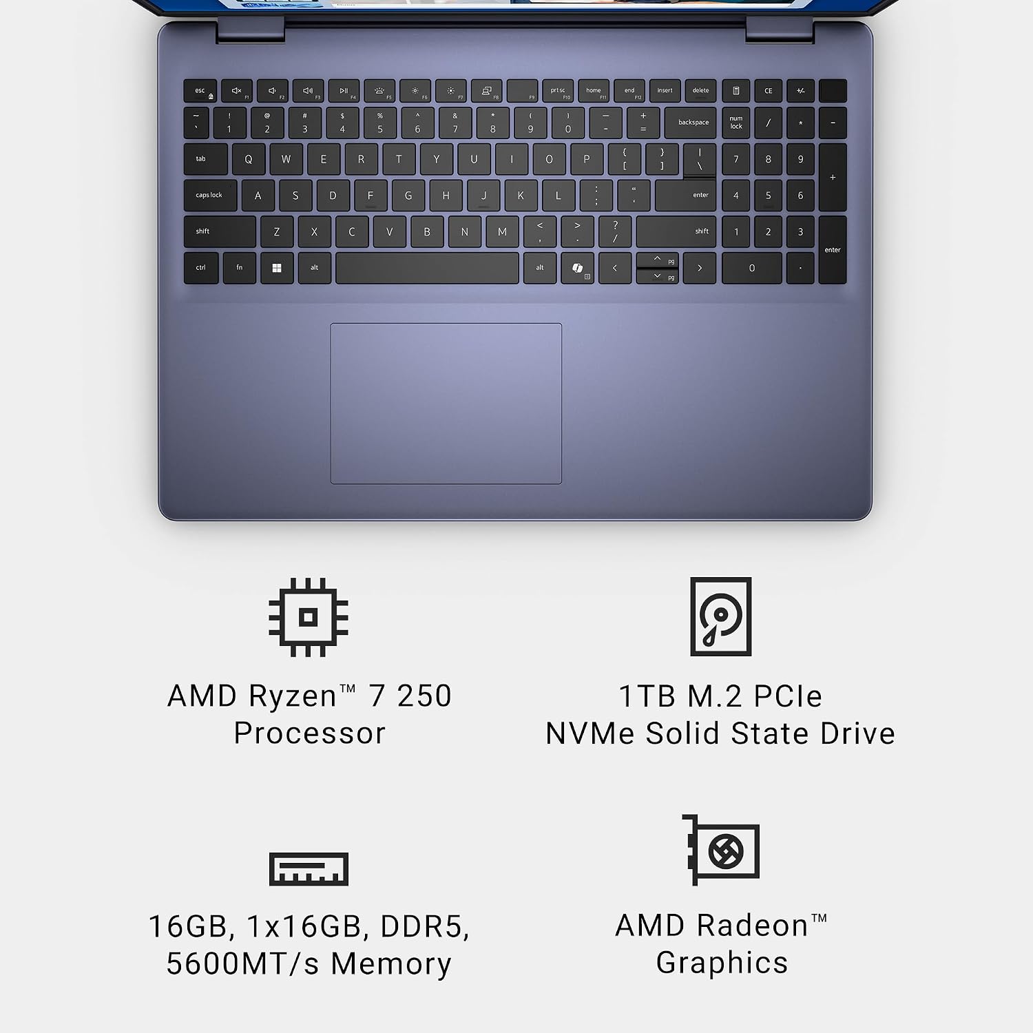 Dell 16 Laptop DC16256-16.0-inch 16:10 FHD+ Anti-Glare Non-Touch Display, AMD Ryzen 7 250, AMD Radeon Graphics, 16GB Memory, 1TB SSD, Backlit Keyboard with Fingerprint Reader, Windows 11 Home