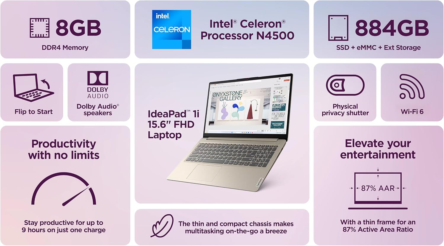 Lenovo IdeaPad Laptop Computer 2025, 15.6' Display, 8GB RAM, 884GB Storage (256GB SSD + 128GB eMMC + 500GB Ext), Intel Dual Core Processor, Long Battery, MarxsolAccessory, 1 Year Office 365, Win 11