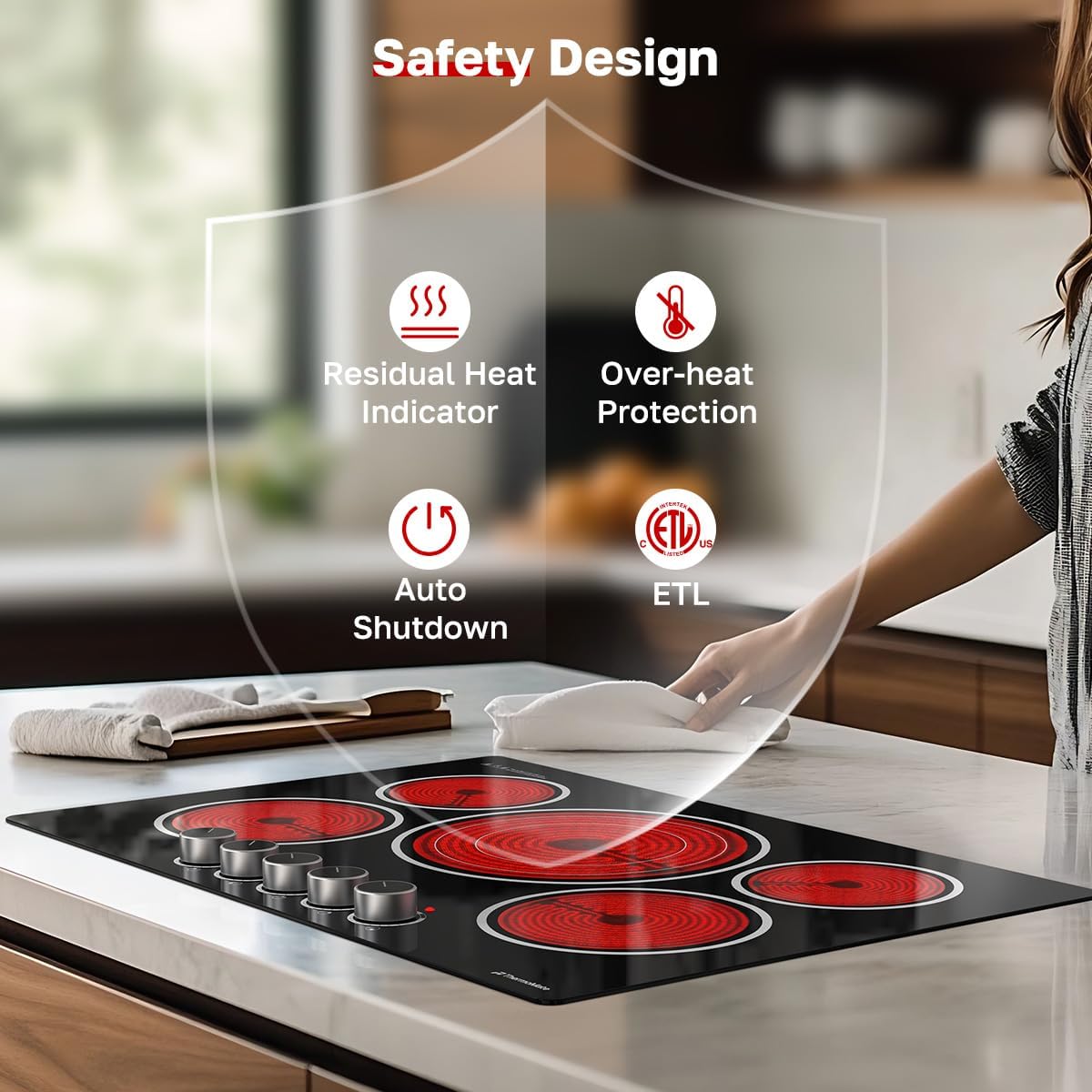 ThermoMate 30 Inch Electric Cooktop, 5 Burners Knob Control Built-in Ceramic Cooktop, 30' Radiant Electric Stove Top of 9000W with 9 Heat Levels, Hot Surface Indicator, 220-240v, Hard Wired